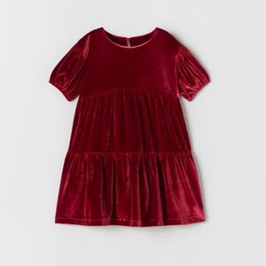 Zara Kids Burgundy Velvet Tiered Dress, Zara Girls Red Dress, Size 3-4